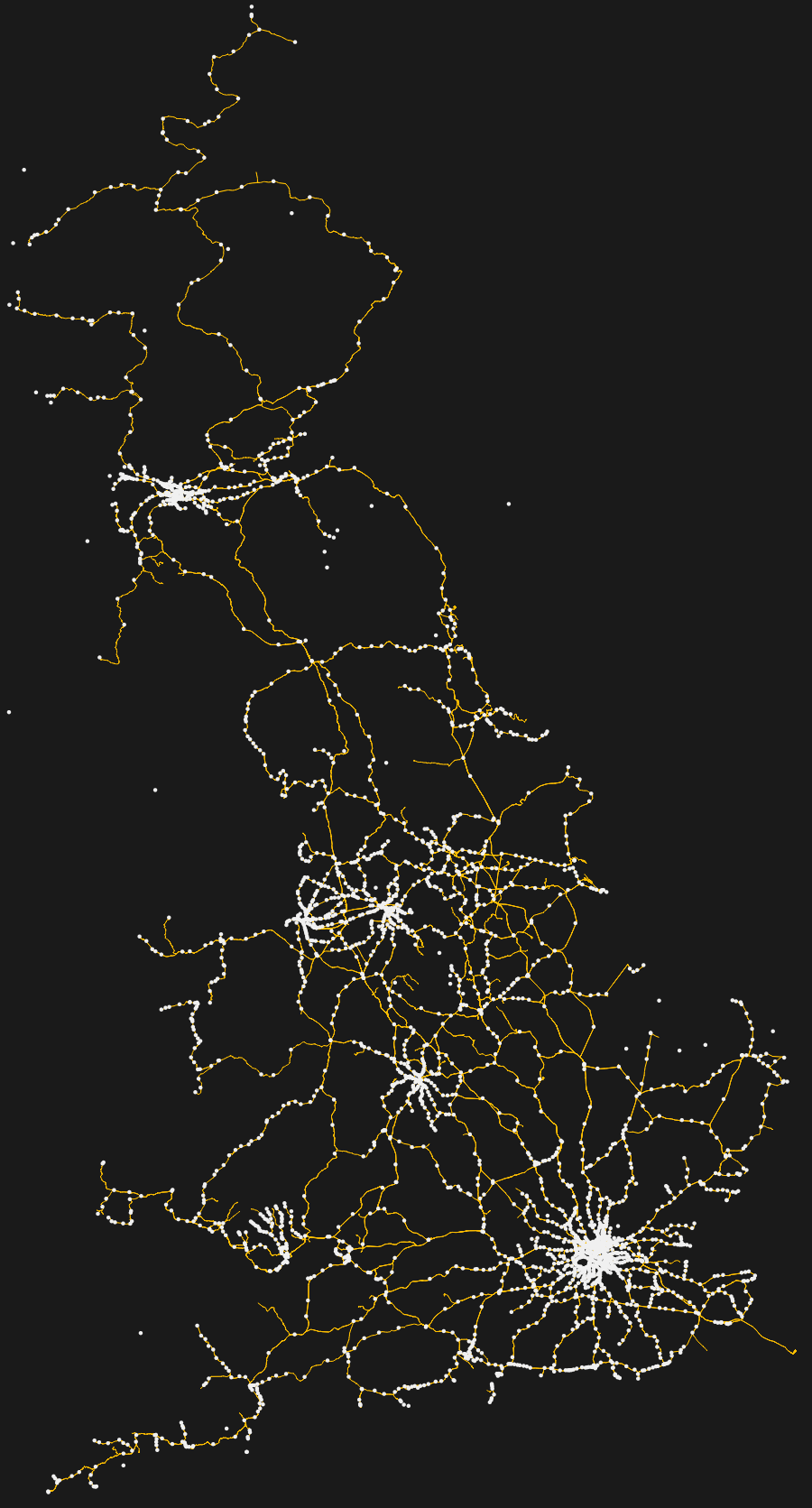 Great Britain’s railway drawn as amber lines, with 3,097 white dots, one for every station.