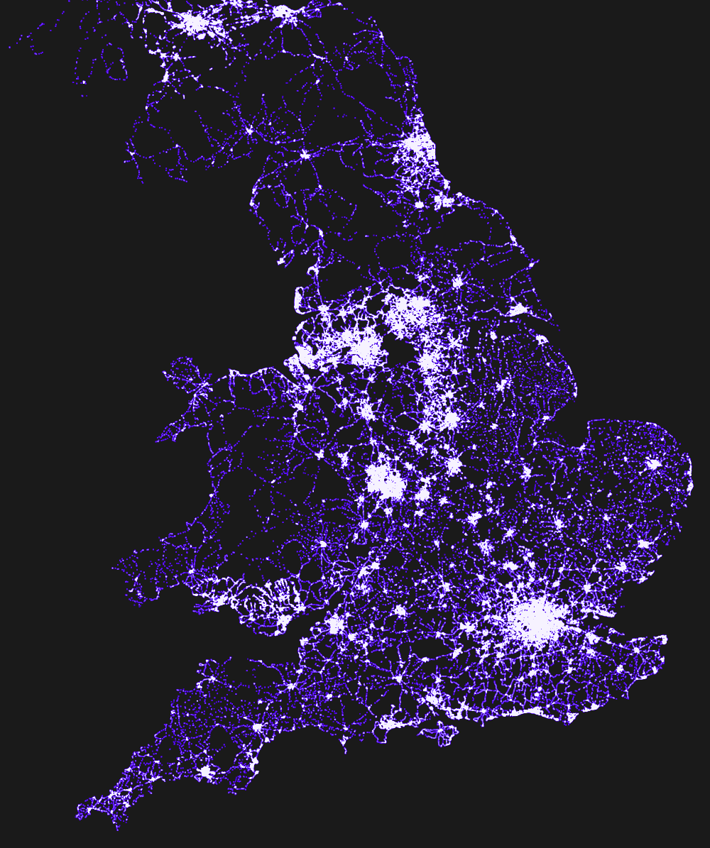 A map of England drawn in 309,355 purple dots, one for every bus stop with a timetable. The dots crowd into bright patches where stops are thickest, and thin out between.